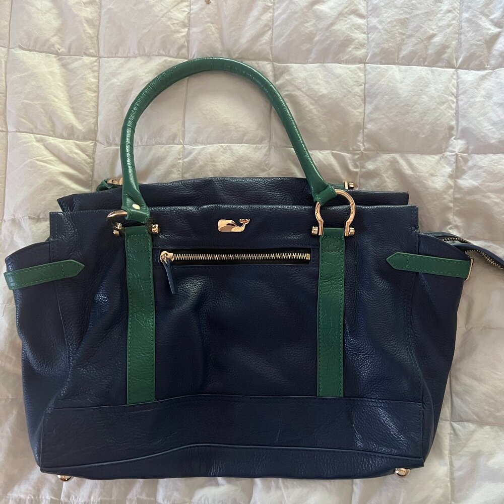 Vineyard Vines Navy Tote with Green Trim and Gold Hardware